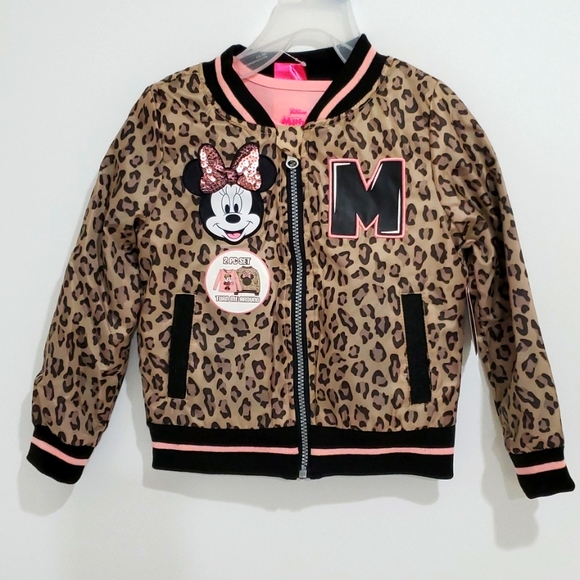 Girls Disney Junior MINNIE Mouse Leopard Print Jacket & Pink Tee Shirt Set - Picture 1 of 12